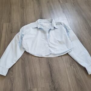Sunday Best Cropped Button Up Shirt Large Baby Blue 90s Office Smart Poplin